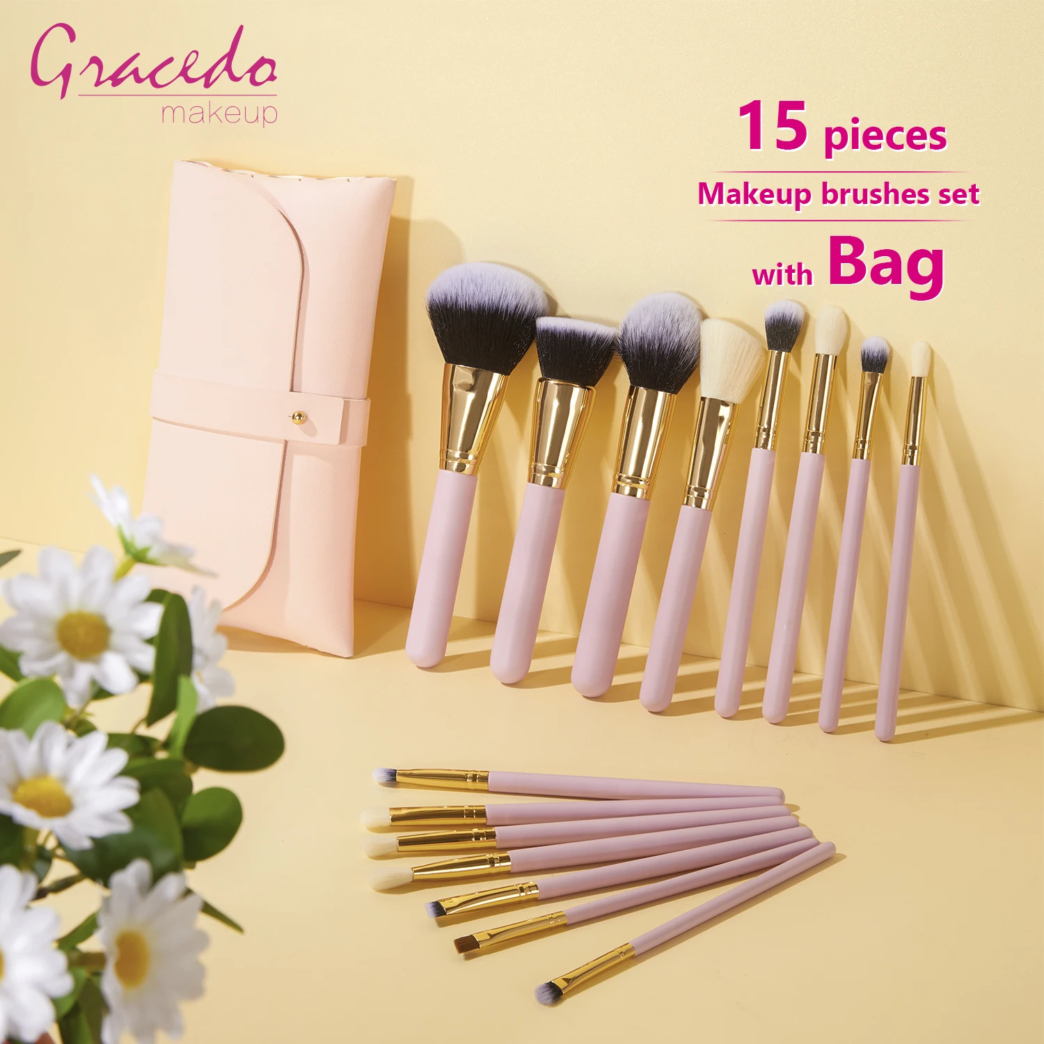 Gracedo Makeup Brush Set 15pcs Professional Wholesale logo Bulk Luxury Beauty pink Your Own logo Christmas Makeup Brush Set