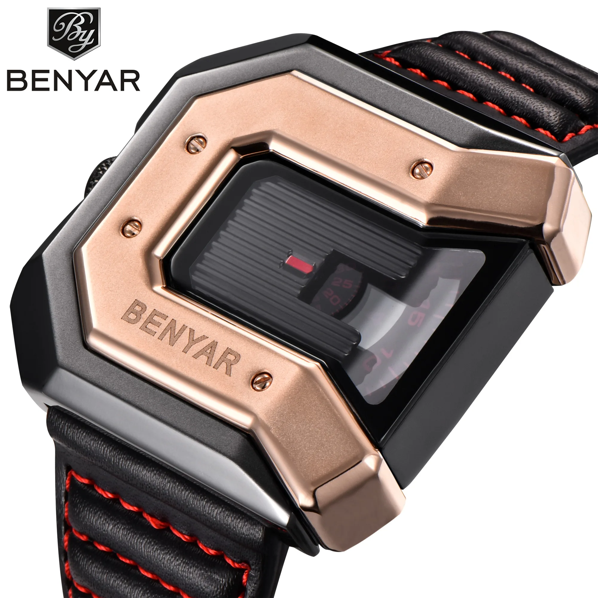 

Benyar 5116 cool square shaped wrist watches for men quartz 3ATM water resistant date feature long black leather strap