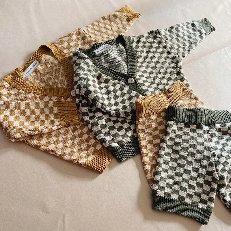 

100% cotton child Cardigan & Bike Short green check jacquard set, Picture shown