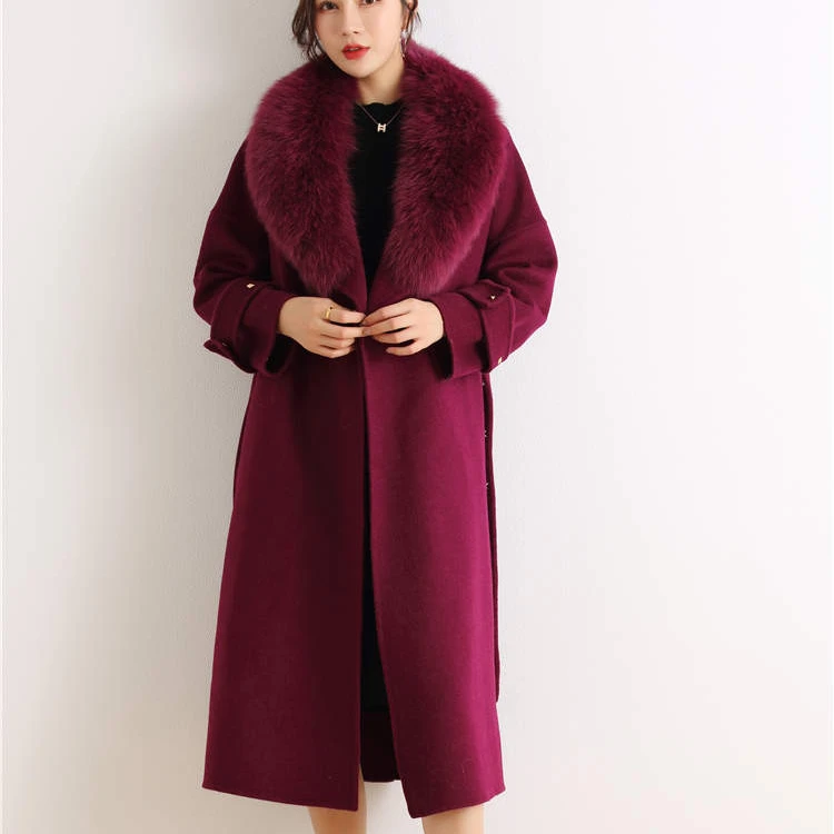 

2020 Fashion Double Breasted Faced Wool Coat Women Wool Cloth Long Overcoat Outwear Trench, Fuchsia