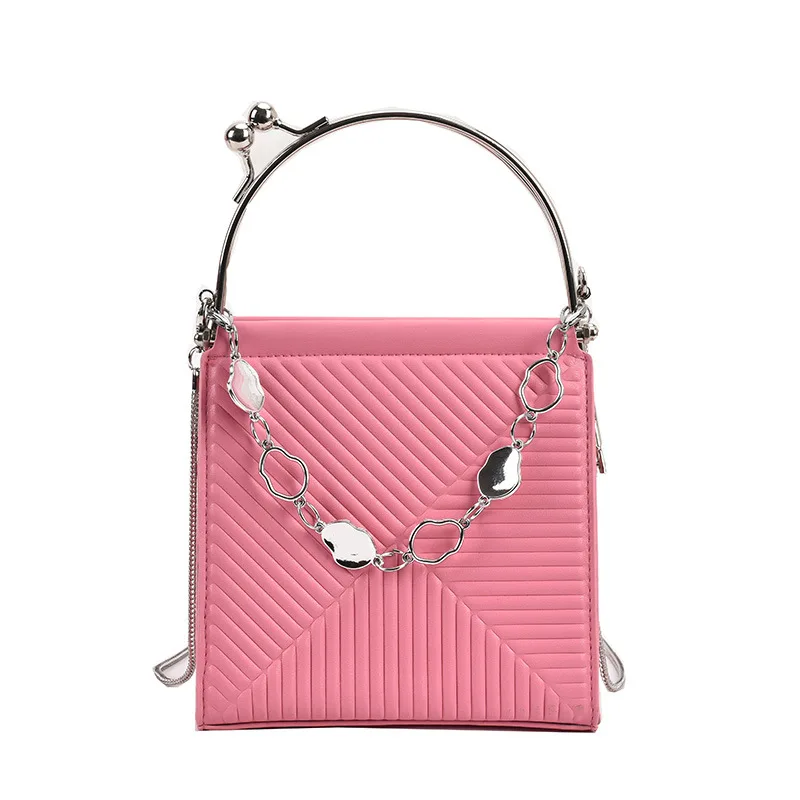 

Hot selling PU Leather shoulder bags women fashion ladies luxury striped crossbody handbags with chain, Pink