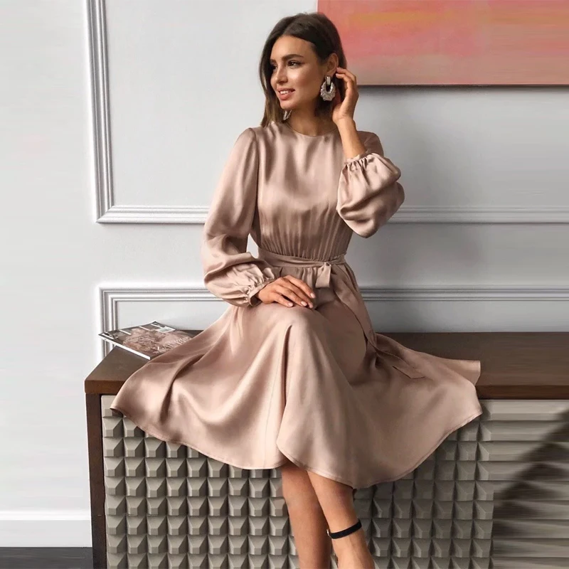 

Women Clothes Lantern Sleeve A Line Dress O Neck Solid Color Dress Satin Dress Robes Women Clothing, Khaki, red, green