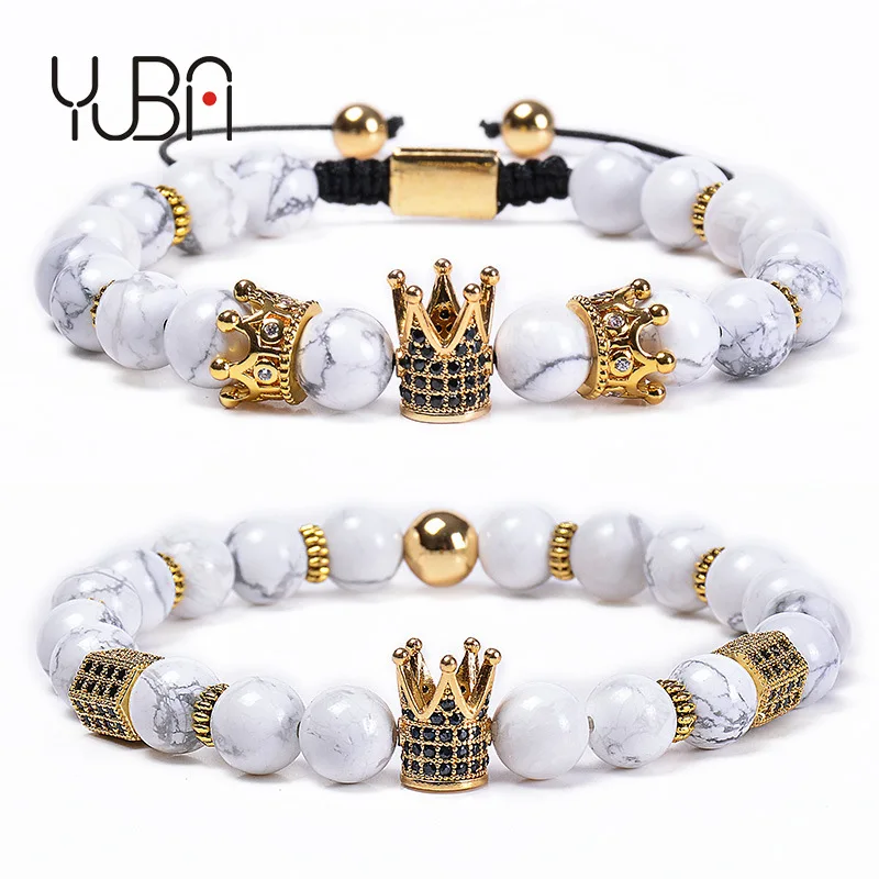 

2020 Newest 2pcs/set Elastic 8mm White Turquoise Bead Zircon Crown Charm Bracelet Adjustable Cz Crown Macrame Bracelet