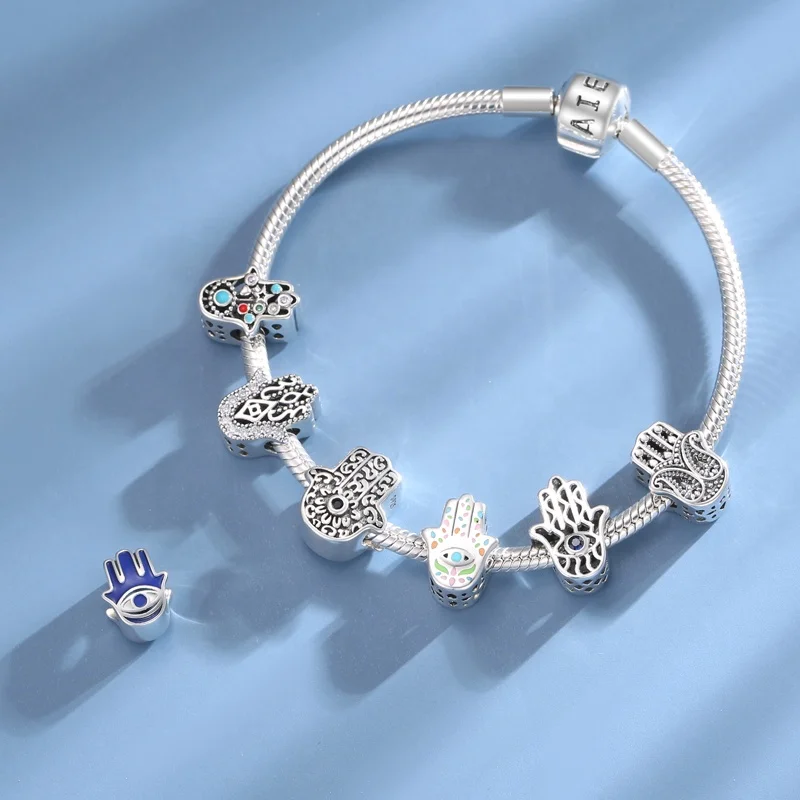 

Real 925 sterling silver Blue Enamel Charm Fatima Hand Beads DIY Jewelry Fit Charm Bracelet Fashion jewelry Wholesale lots bulk