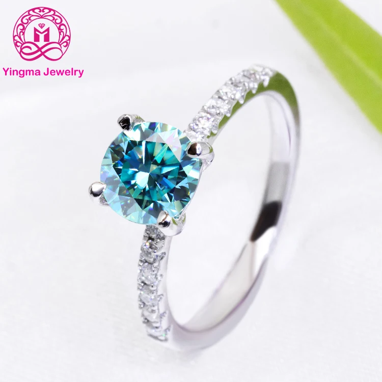 

Fancy blue moissanite diamond ring round cut 6.5mm 1ct moissanite wedding ring women's moissanite ring engagement