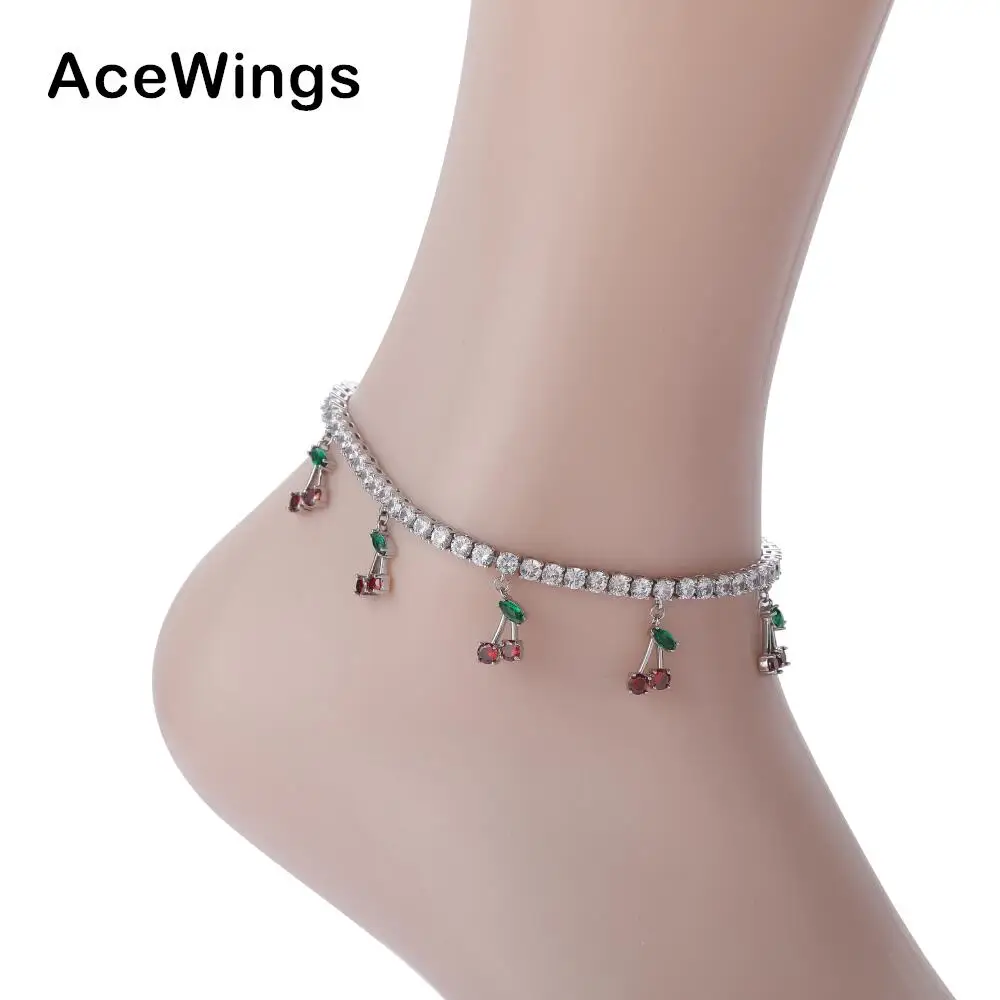 

A001 4mm Brass CZ Tennis Anklet with 5 cherry charms with extender chain Iced Out Cubic Zircon Bling Bling for women