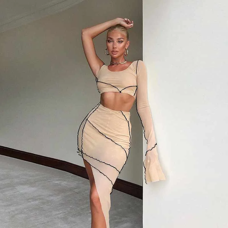 

Autumn Women's New One-shoulder Mesh Gauze Cropped Irregular Skirt Set