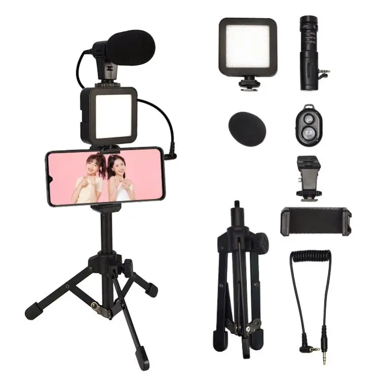

Factory vlogging equipment studio podcast smartphone video kit with recording microphone led light for youtube vlogger, Black
