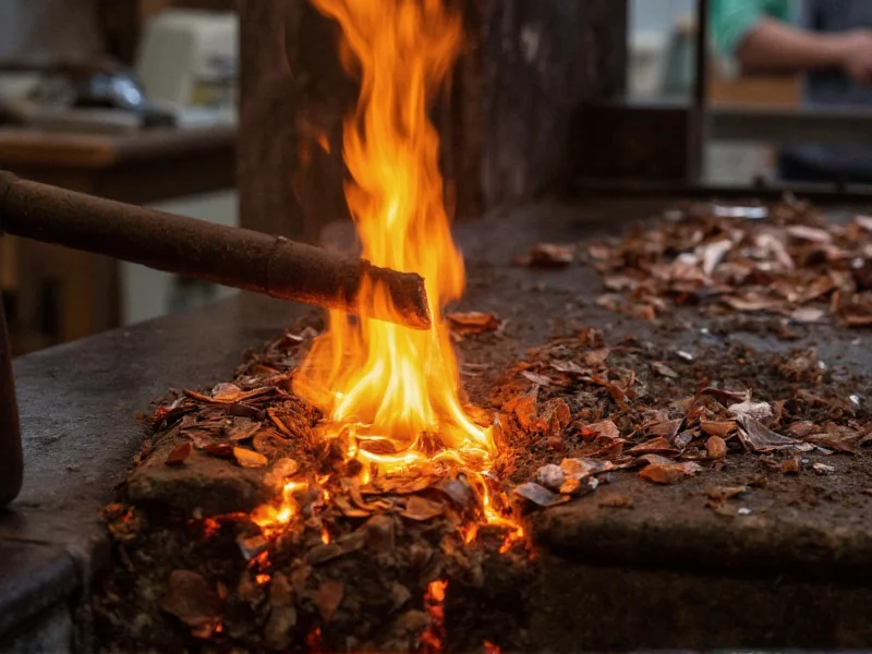 Recycled copper scraps being melted in artisan workshop
