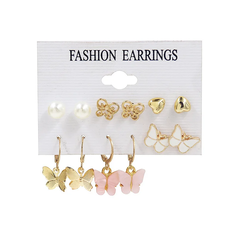 

6 Pairs RTS 2021 Fashion Trend Female Metal Alloy Gold Acrylic Drop Oil Powder Butterfly Heart Pearl Earrings Set for Women Girl