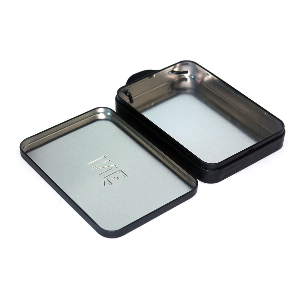 Custom Embossed Logo Small Black Metal Gift Box Tin Case With String