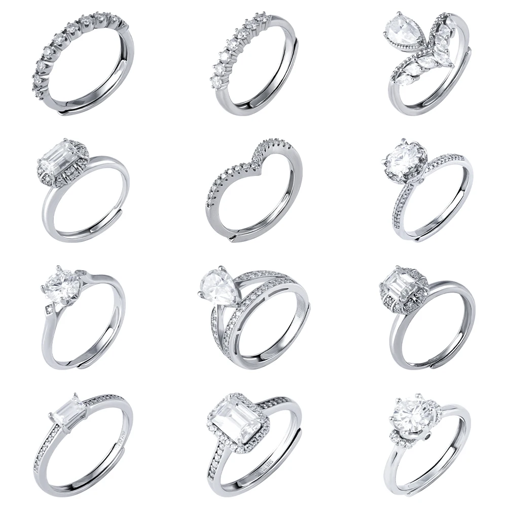 Wholesale 925 Silver GRA Moissanite Diamond Engagement Ring Adjustable Size Round Shape White Gold Material for Lady's Wedding