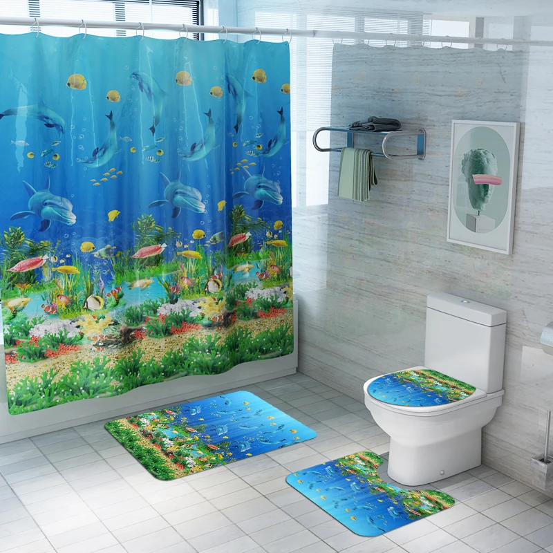Starfish printed Toilet Pad Cover Bath Mat Shower Curtain Set for Bathroom Decoration Home Textile