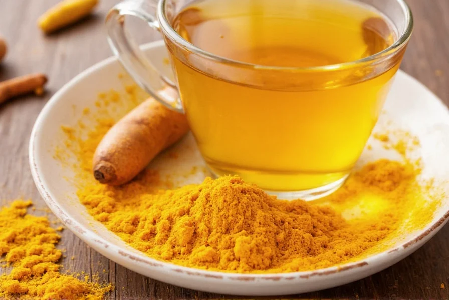 Goldener Kurkuma-Tee in einer weißen Keramiktasse mit frischer Kurkumawurzel und Zitronenscheiben