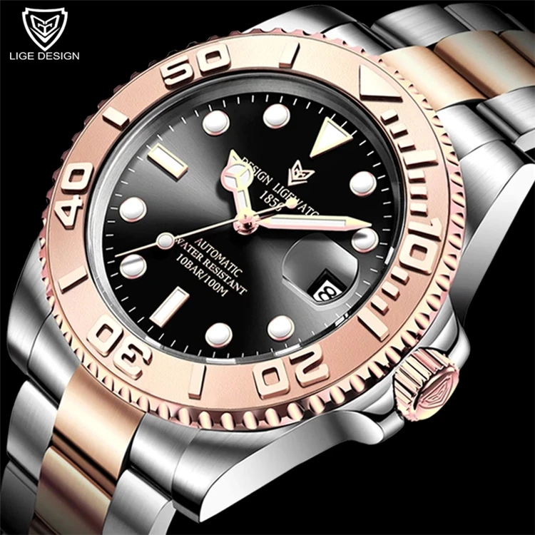 

LIGE DESIGN Top Brand Luxury Retro Automatic WristWatch Men Mechanical Watches For Men 100M Waterproof GMT Stainless Steel Watch