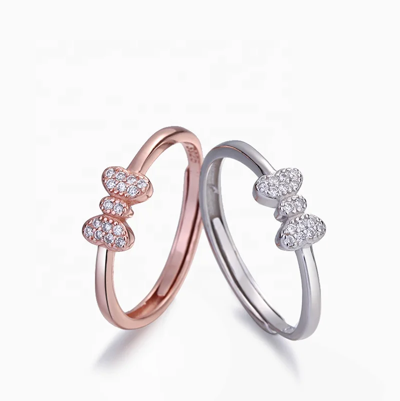 

S925 Sterling Silver Ring Female Korean Fashion Style Simple Bowknot  Zircon Ring Student Bow Ring, Silver, rose gold