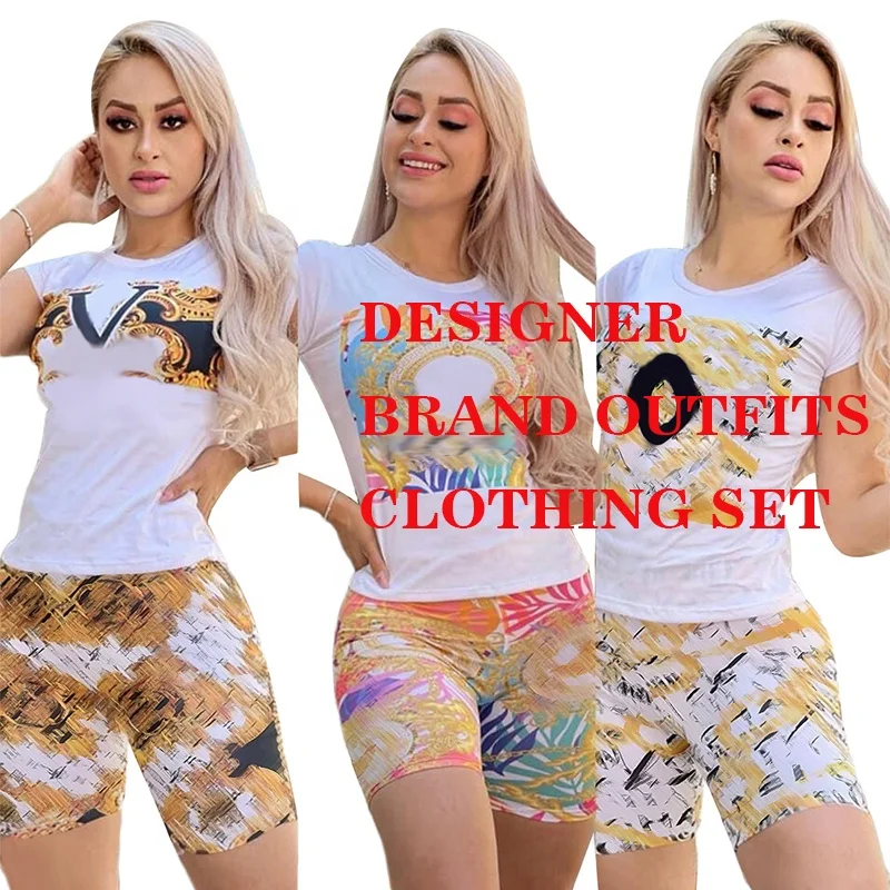 

2022 Latest Fashion Summer Clothes Brands 2 Piece Tshirt and Biker Short Set Casual Tracksuit Designer Women Short Sets