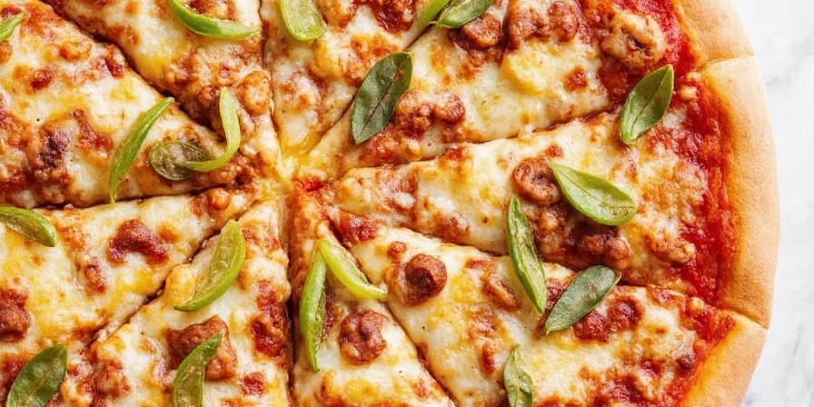 Colorful spice jars arranged next to a freshly sliced pizza with visible seasoning.