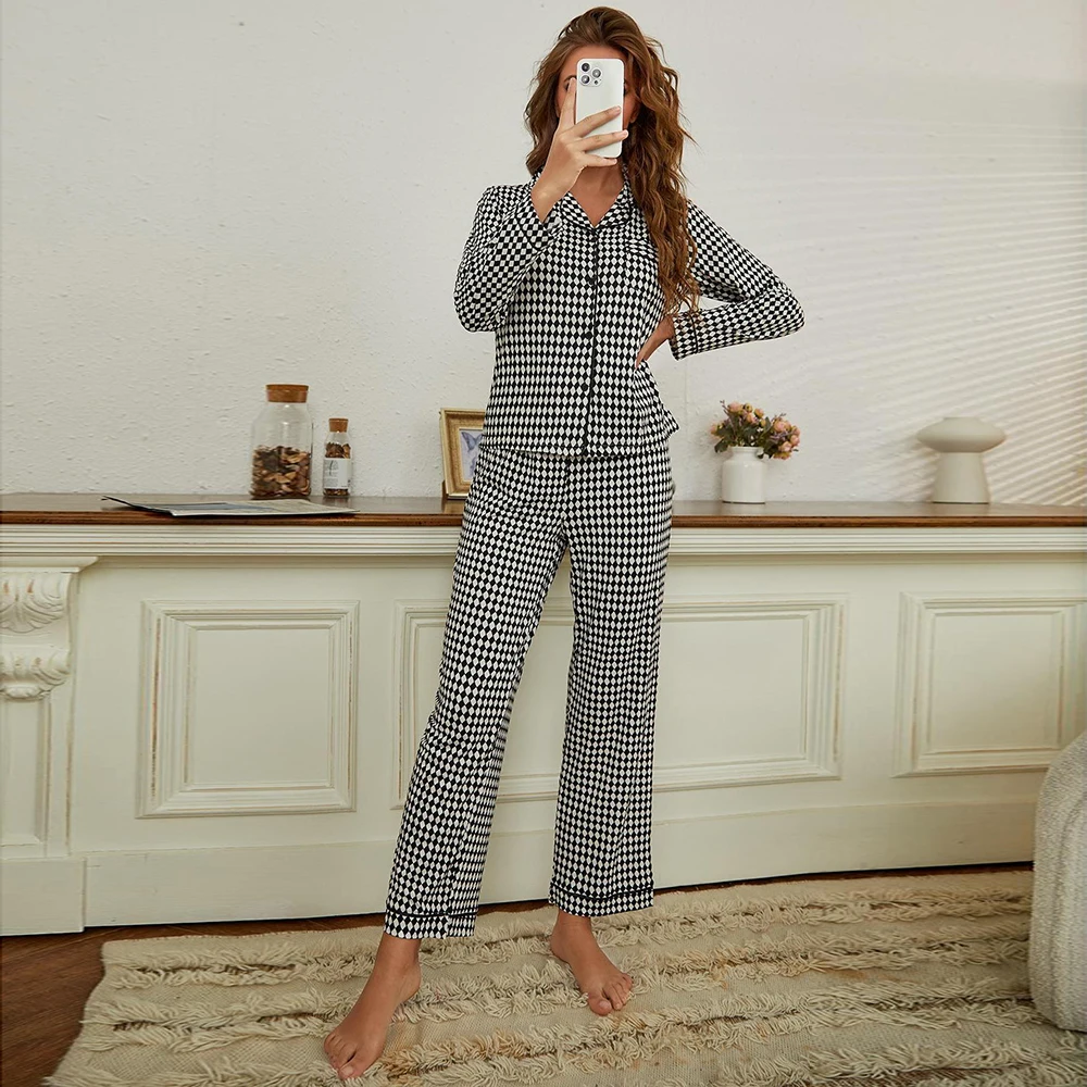 

Black and white plaid knit high quality autumn winter loungewear 100% polyester women's sleepwear pajamas for women set cheaper