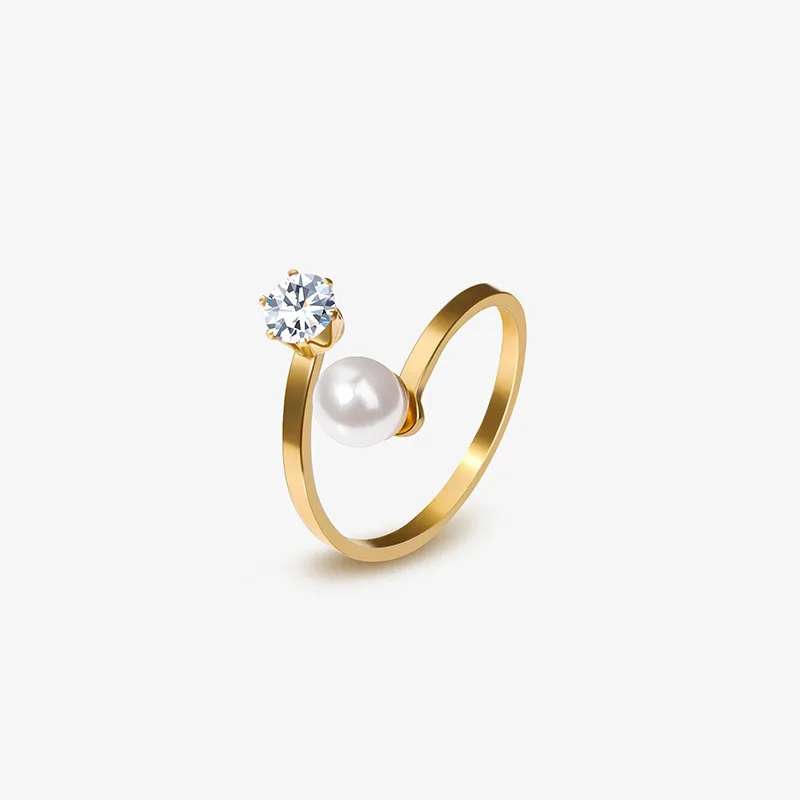 

Women's Gold European and American Geometric Style Stainless Steel Ring with Inlaid Pearl Zircon for Wedding and Engagement