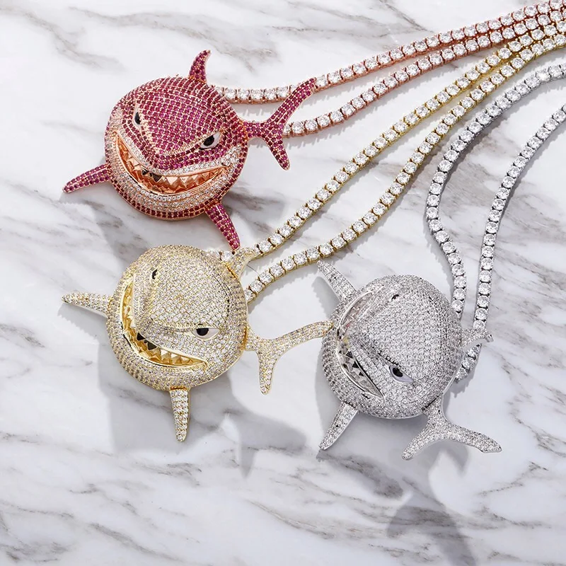 

hip hop jewelry iced out cz shark pendant necklace jewelry men pendant hip hop with chain, 18k gold plated/rhodium plated/rose gold plated