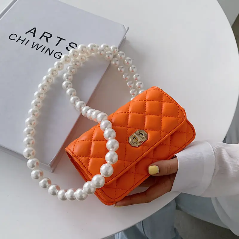 

2021 New PU Leather Fashion Rhombus Square Handbags Ladies Long Pearl Chain Women Shoulder Crossbody Bag, 5 colors