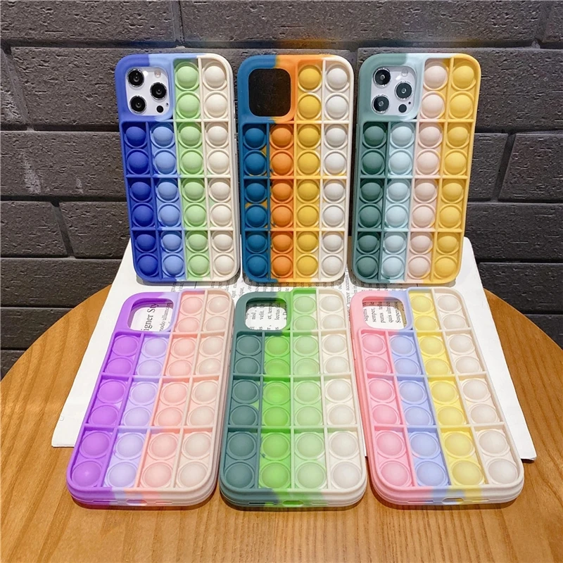 

rainbow soft silicone buble popper fidget push phone case for iphone xs max 11 12 pro max,for iphone 12 push bubble phone case