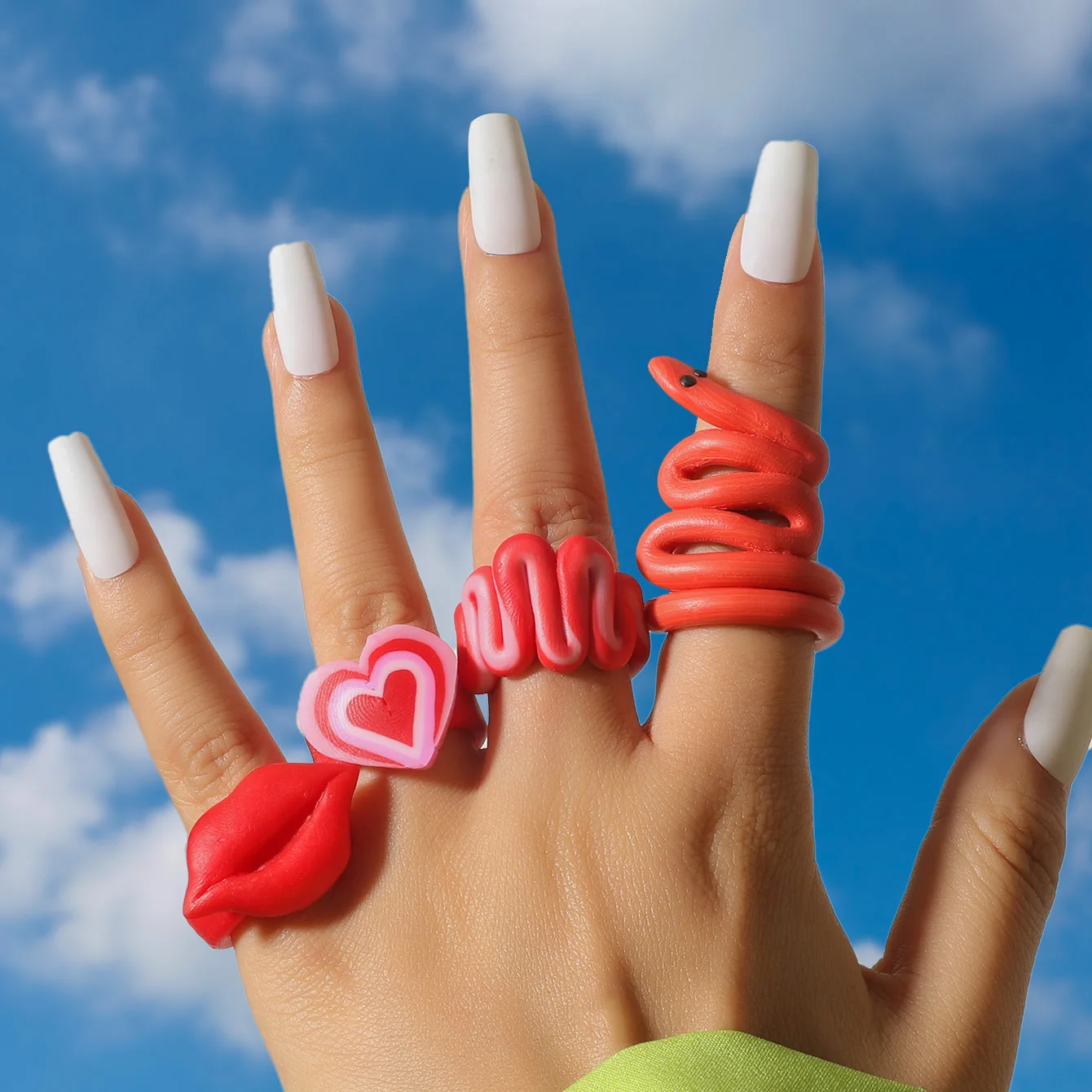 

Sailing Jewelry Red Clay Rings Handmade Colorful Polymer Clay Rings Snake Heart Clip Rings