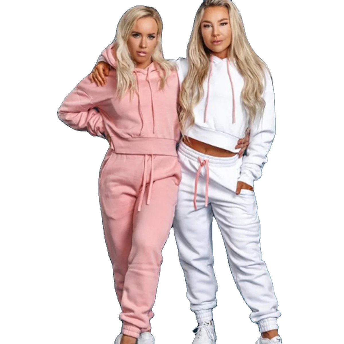 

Custom logo women two piece sports suit jogger set hoodie plain running training sweat sets, White,pink,blacak,khaki