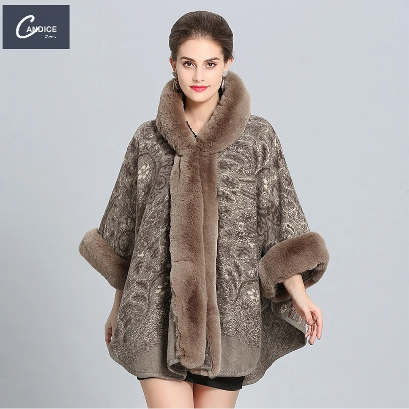 

Candice fashionable apparel winter elegant luxury loose hooded poncho fur shawls womens coats for ladies