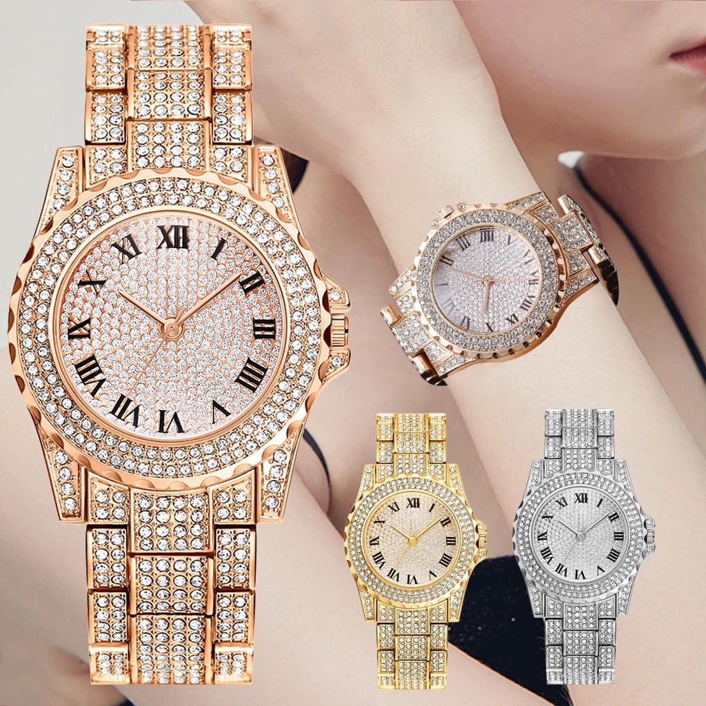 

2021 Relogio Feminino Fashion Bling Women's Watches Luxury Rhinestone Diamond Silver Rose Gold Watch For Ladies Simple Clock, As show