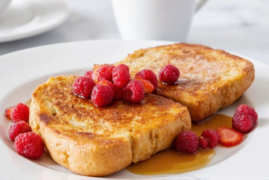 Perfectly golden cinnamon toast French toast with maple syrup drizzle and fresh berries