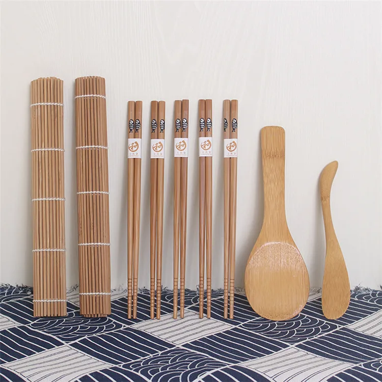 

9pcs/set Bamboo sushi tools rolling mat spoon spreader chopsticks japanese style sushi tools set, Natural