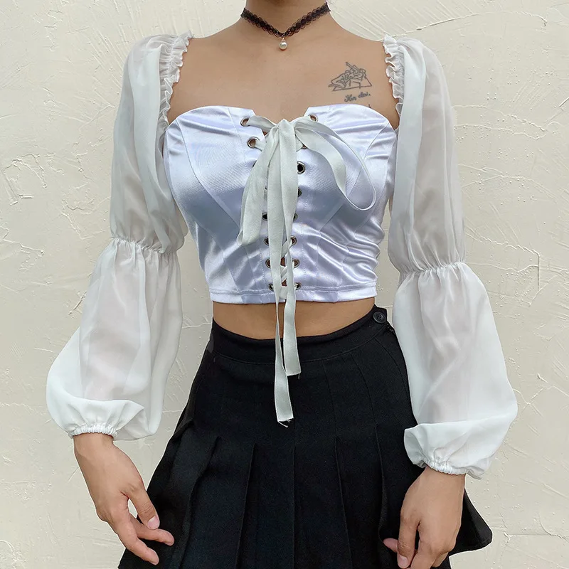 

2020 new arrivals summer square collar mesh long sleeve high quality satin women fashion tie crop top