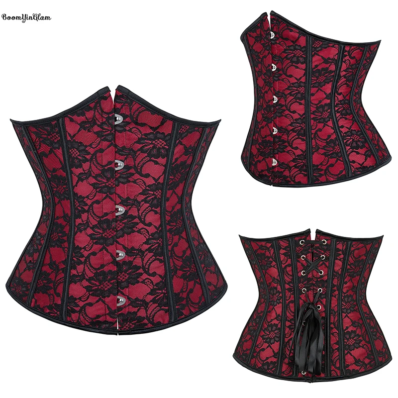 14 Fish Bones Vintage Korsette Lace up Firm Tummy Control Floral  Bustier Burgundy Underbust Corset Top for Women