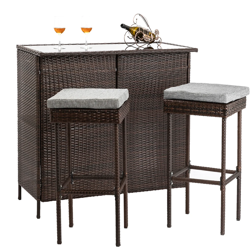 

Outdoor 3-Piece Brown Wicker Bar Set Glass Bar and Two Stools with Cushions