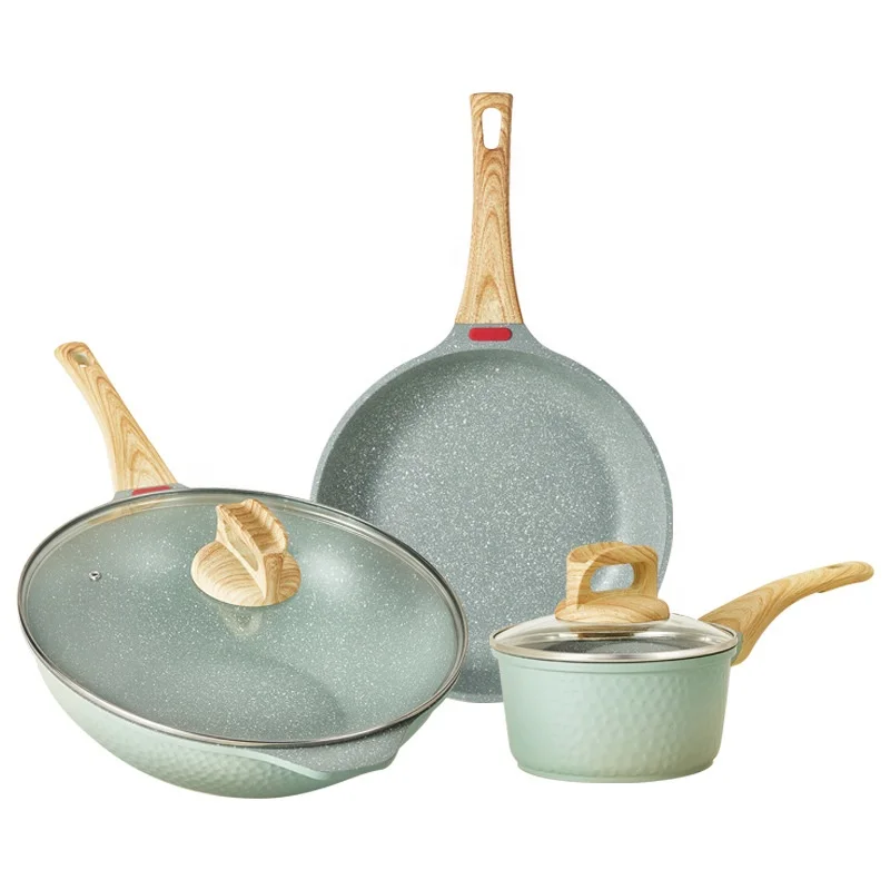 

Kitchen cookware 3 pcs set Maifan stone fine iron household non-stick pan, less oily smoke, frying, stewing and easy to clean, Green