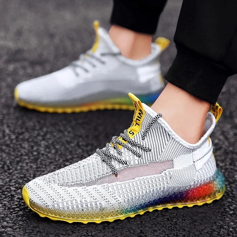 

Summer Fly Weave Shoes Breathable Running Shoes for Men Mesh Knitted Upper Versatile Breathable Casual Trendy Sports Shoes, White-black,white-orange, white-yellow, black, grey-yellow,grey-orange