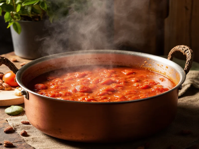 Simmering tomato sauce in copper pot
