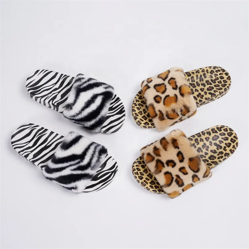 

Custom Faux Fur Slides Slippers For Ladies Pantuflas Womens Fashion Sexy Leopard Zebra Furry Plush Slippers, Zebra/ leopard