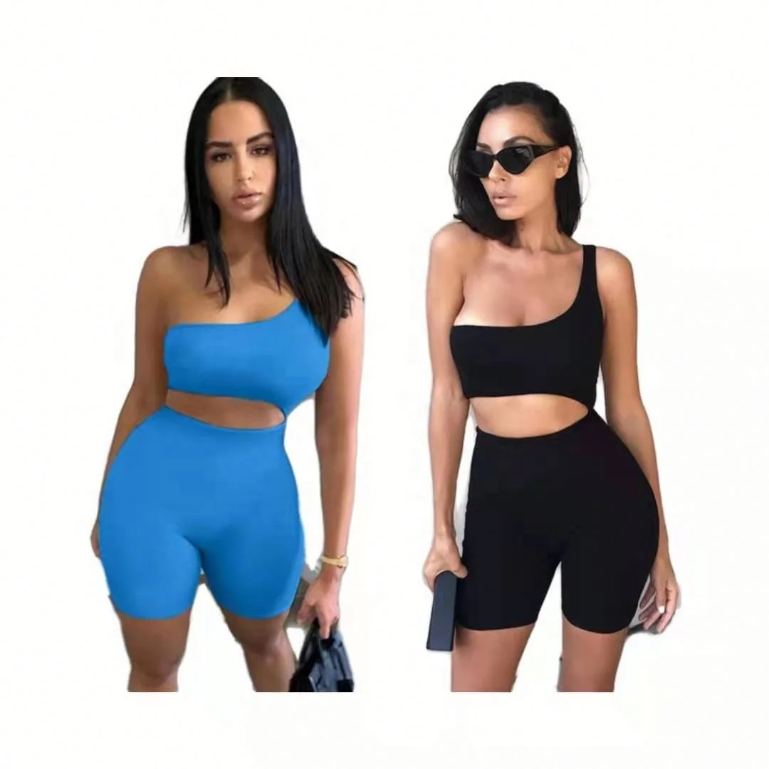 

Best Design Sexy One-Shoulder Sports Jumpsuit In Pure Color Cotton 2021 Summer One Piece Workout Jumpsuit, As picture or customized make