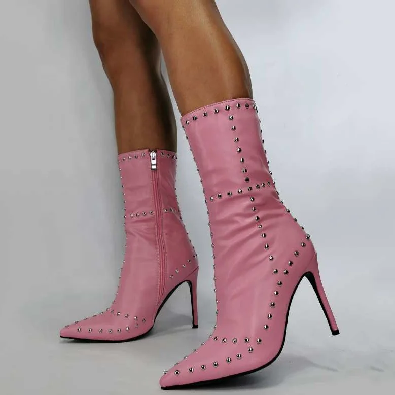 

Solid Pink Round Rivets Thin Heel Pointed Toe Half Knee High Women Boots Side Zipper High Heel Mid-calf Women Booties Plus Size