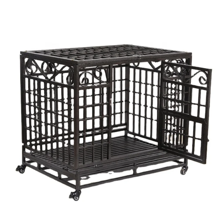 

Folding Strong Galvanized Metal Frame Removable Tray Lockable Wheels Heavy Duty Dog Kennel Crate Cage for Large Dog Breeds, Black
