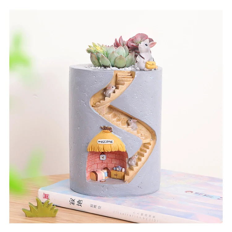 

Home Desktop Decor Resin Creative Micro Landscape Potted Succulent Flower Pot, Grey