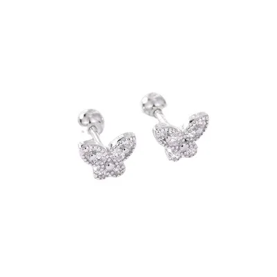 

Simple Sterling Silver Rhinestone Butterfly Earring Gold Plated S925 Silver Diamond Round Bead Butterfly Screw Earrings For Lady