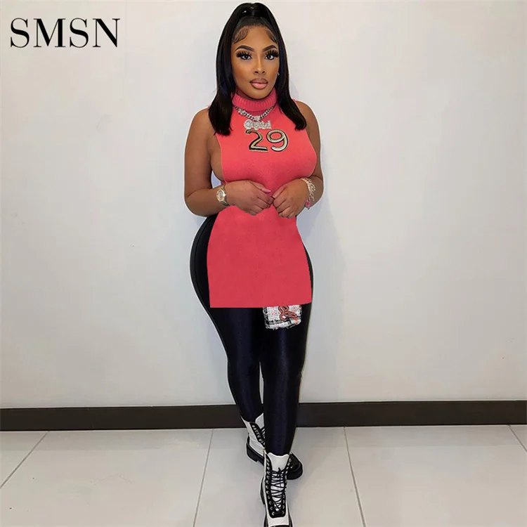 

Fashion 2022 Spring Crew Neck Sleeveless Sport Sexy Embroidered Slim Fit Slit Sexy Dress