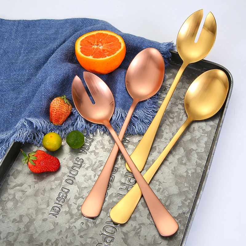 

18/0 matte stainless steel salad fork spoon set,gold salad serving set, Customize/black/silver/gold/rose gold