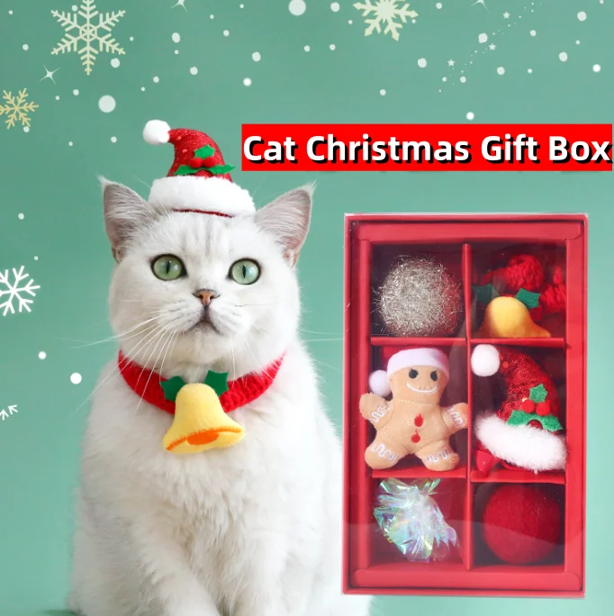 

2023 Christmas Cat Christmas Toys Gift Box Wool Ball Hat Knitted Bell Collar Wool Ball Pet Decoration Set