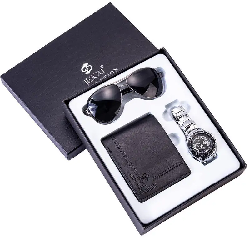 

Minimalist Fashion 3 Piece Set Wholesale UV400 Sunglasses Leather Wallet Stainless Steel Quartz Watches Gift Set, Brown/black