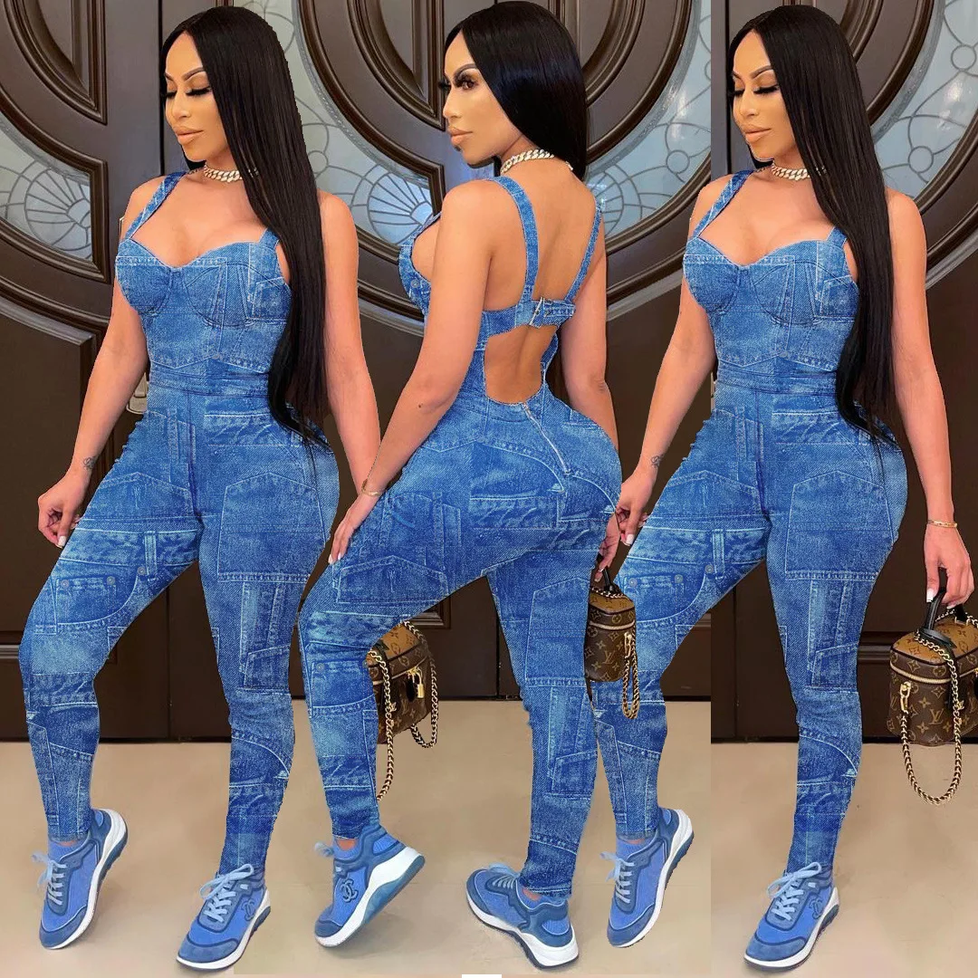 

Summer 2021 Fashion Halter Washed Denim Blue Print Patchwork jumpsuit tracksuit bodysuit For Women Clothing Casual Dresses, As picture